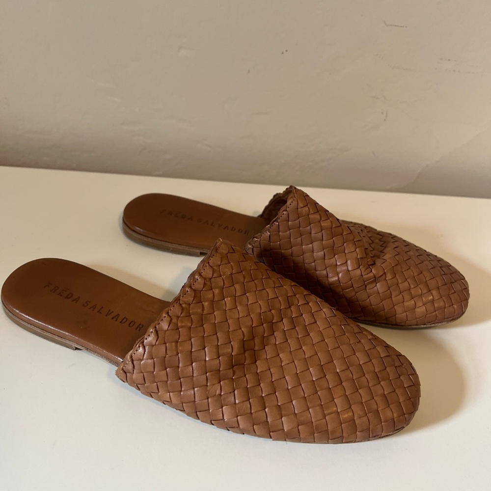 Freda Salvador Tan Woven Leather Slides